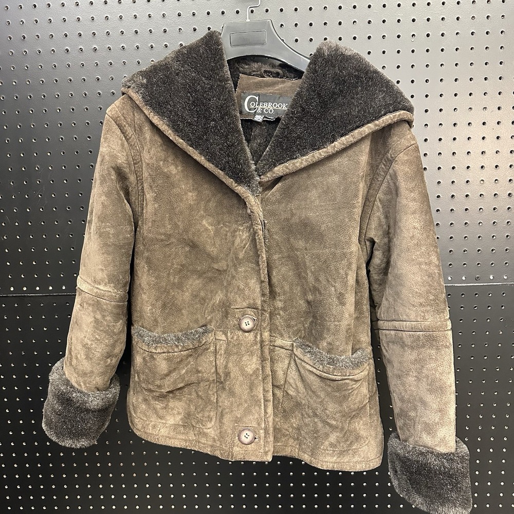 Women's Colebrook & Co. Small Brown Leather Coat Faux Fur Lining‎